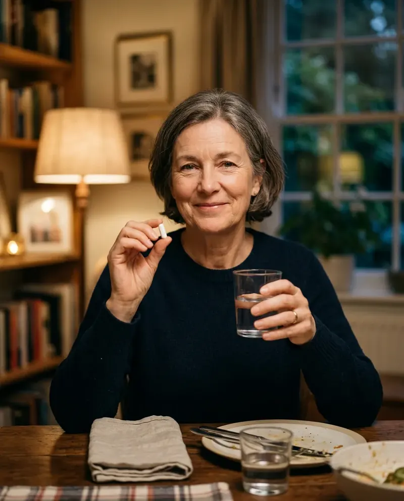 A woman taking a capsule with water at dinner