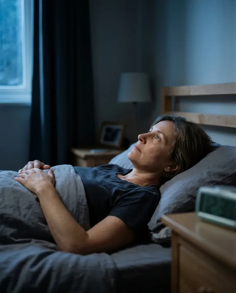 A woman lying awake in bed in the middle of the night